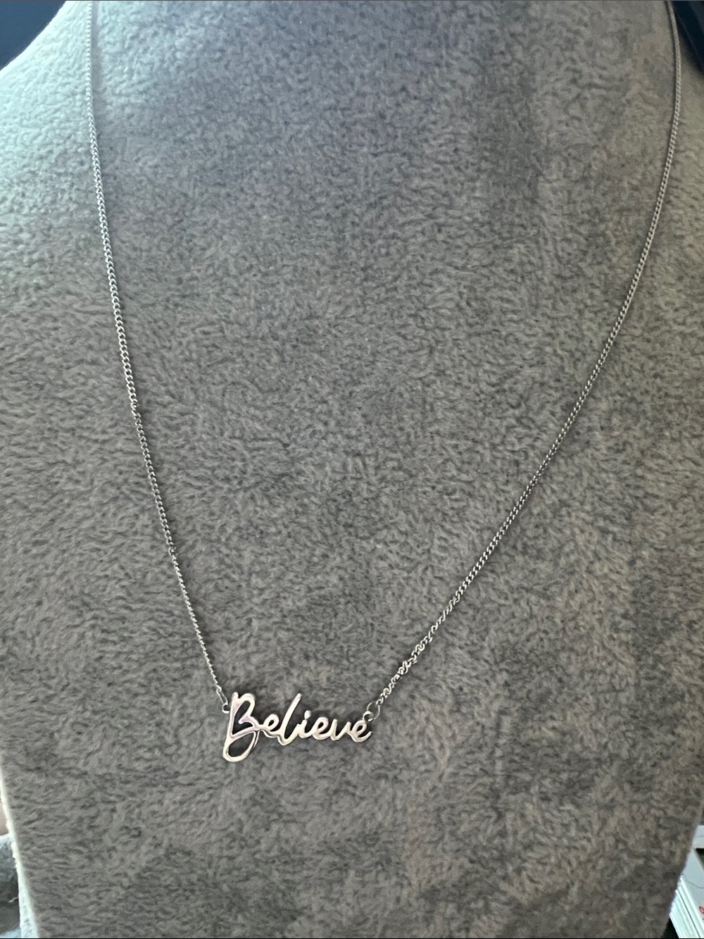 'Believe' Script Necklace in Silver Tone
